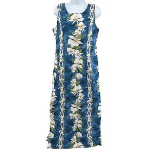 Jade Fashions Hawaiian Maxi Dress Blue Floral Tropical Made in Hawaii Womens M